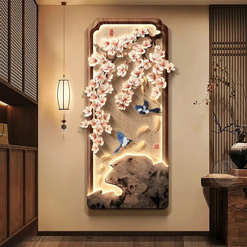 Décoration Murale Japonaise Lumineuse Feng Shui aux Fleurs de Cerisier et Neuf Poissons