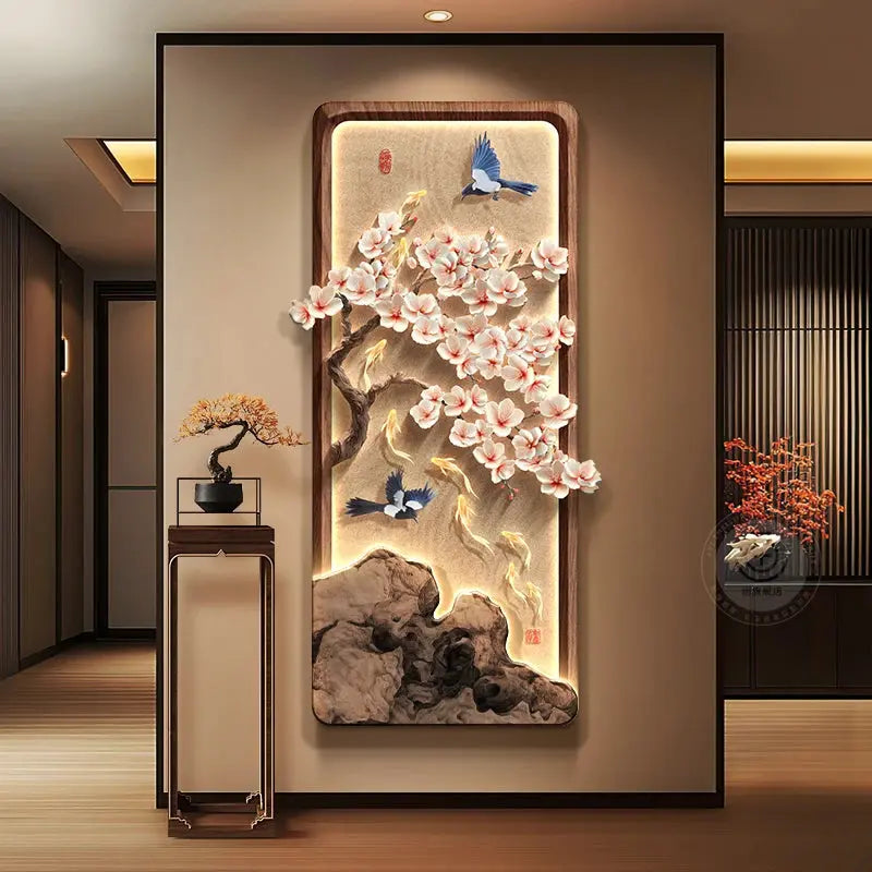 Décoration Murale Japonaise Lumineuse Feng Shui aux Fleurs de Cerisier et Neuf Poissons