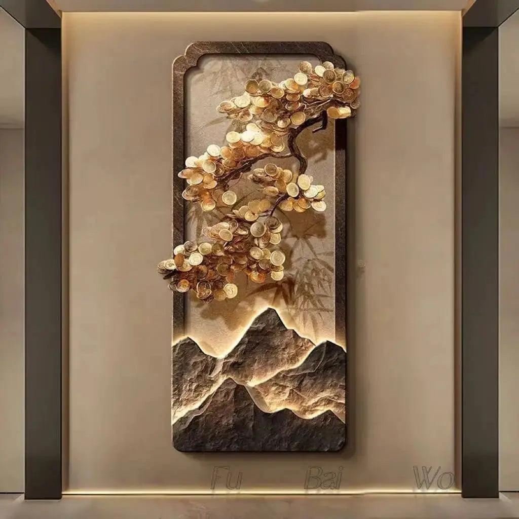 Décoration Murale Japonaise Lumineuse avec Arbre Doré et Paysage Zen