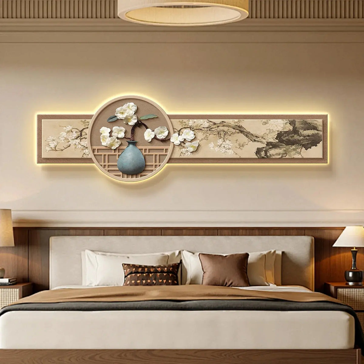 Tableau Mural Japonais Lumineux Zen aux Motifs Floraux