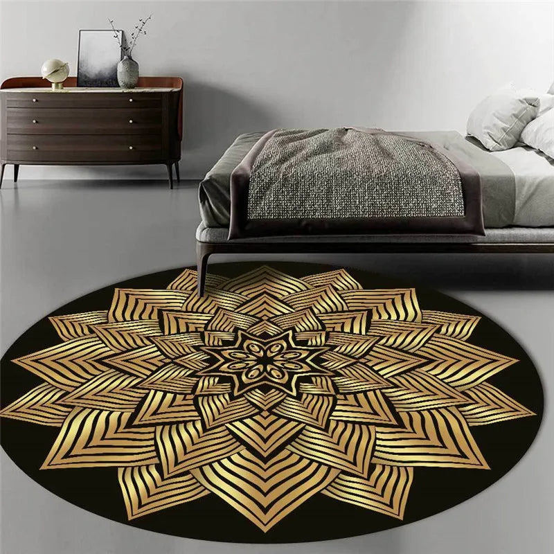 Tapis Rond Noir Mandalas Dorés – Déco Zen & Coin Méditation