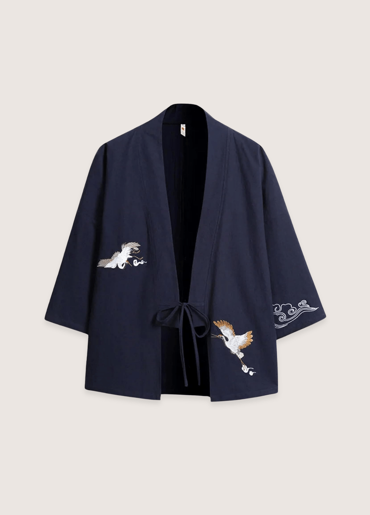 Veste kimono mixte lin motif grue bleu marine (Les Deux Grues)