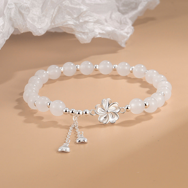 Bracelet Porte-Bonheur en Jade Blanc & Fleur de Pêcher (Jade Naturel)
