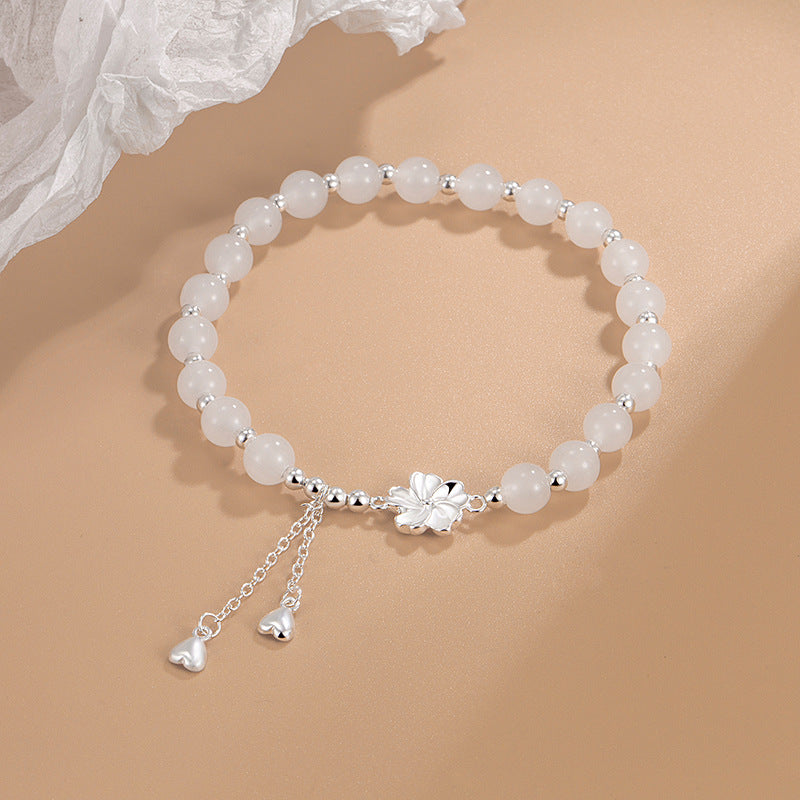 Bracelet Porte-Bonheur en Jade Blanc & Fleur de Pêcher (Jade Naturel)